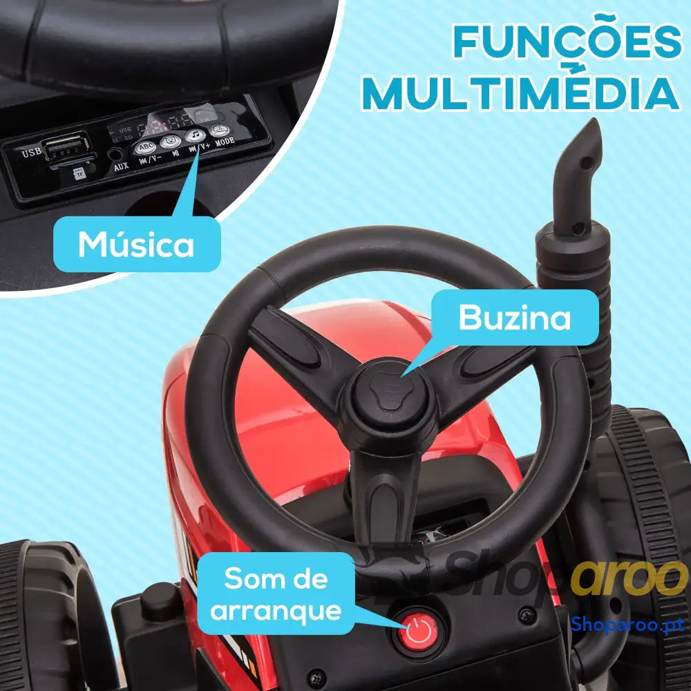 Trator Elétrico com Reboque Amovível Controlo Remoto Música MP3 Luzes e Cinto de Segurança 136,5x50x52,5 cm Vermelho