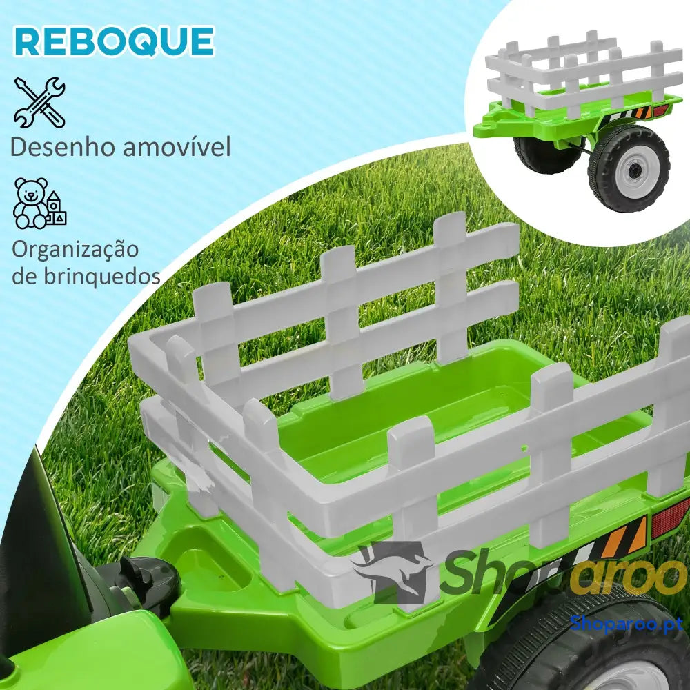 Trator Elétrico com Reboque Amovível Controlo Remoto Música MP3 Luzes e Cinto de Segurança 136,5x50x52,5 cm Verde