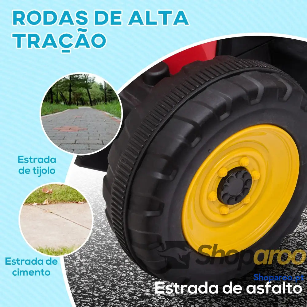 Trator Elétrico com Reboque Amovível Controlo Remoto Música MP3 Luzes e Cinto de Segurança 136,5x50x52,5 cm Vermelho