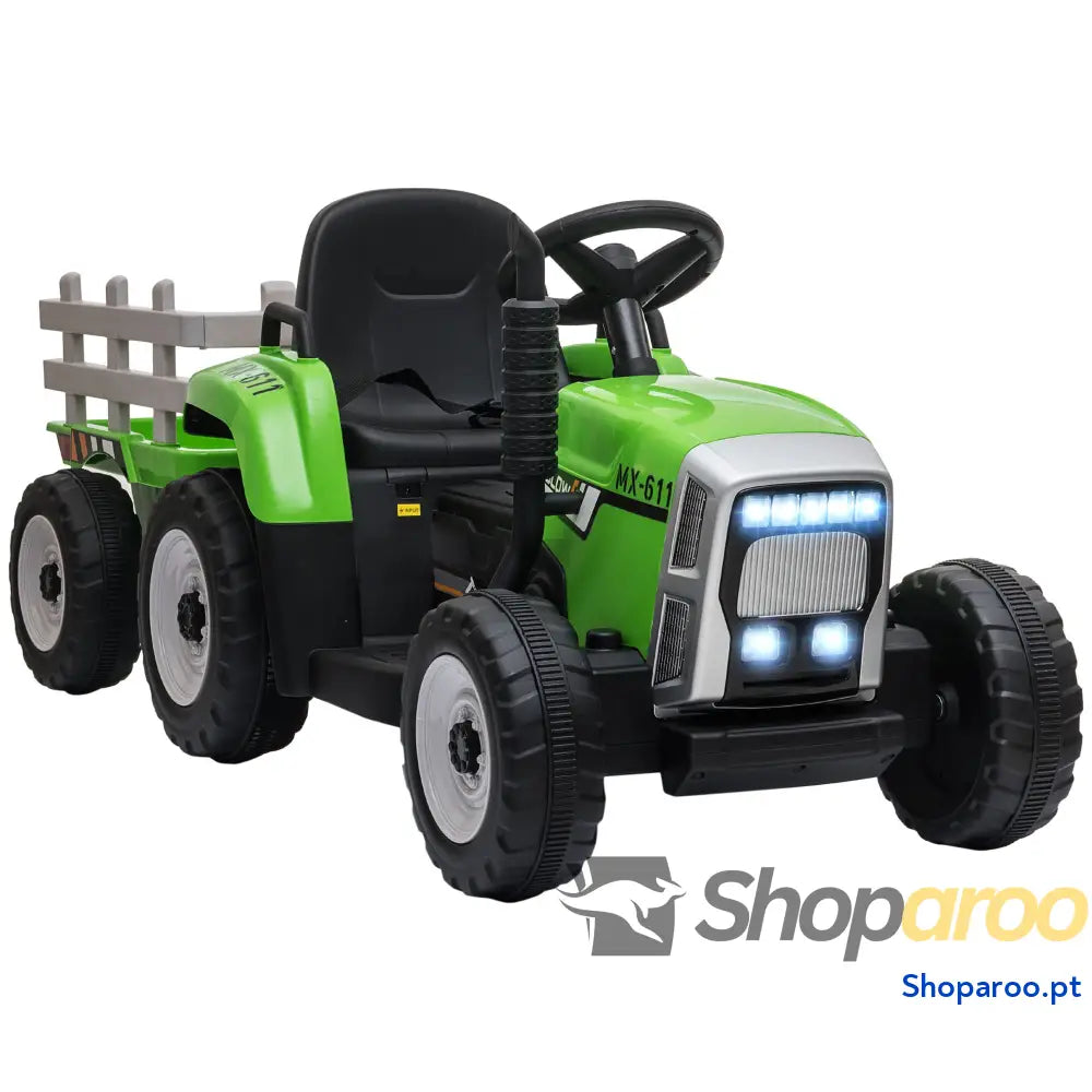 Trator Elétrico com Reboque Amovível Controlo Remoto Música MP3 Luzes e Cinto de Segurança 136,5x50x52,5 cm Verde