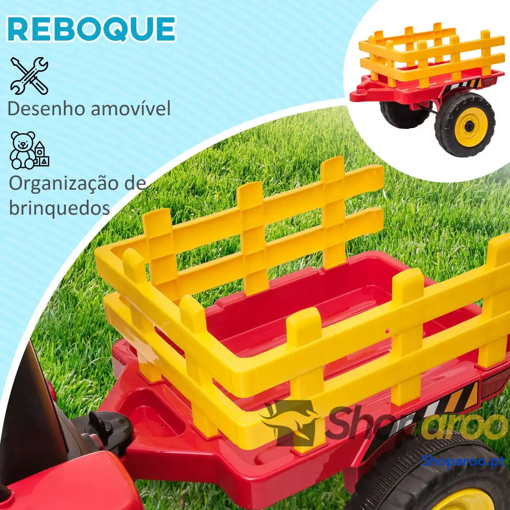 Trator Elétrico com Reboque Amovível Controlo Remoto Música MP3 Luzes e Cinto de Segurança 136,5x50x52,5 cm Vermelho