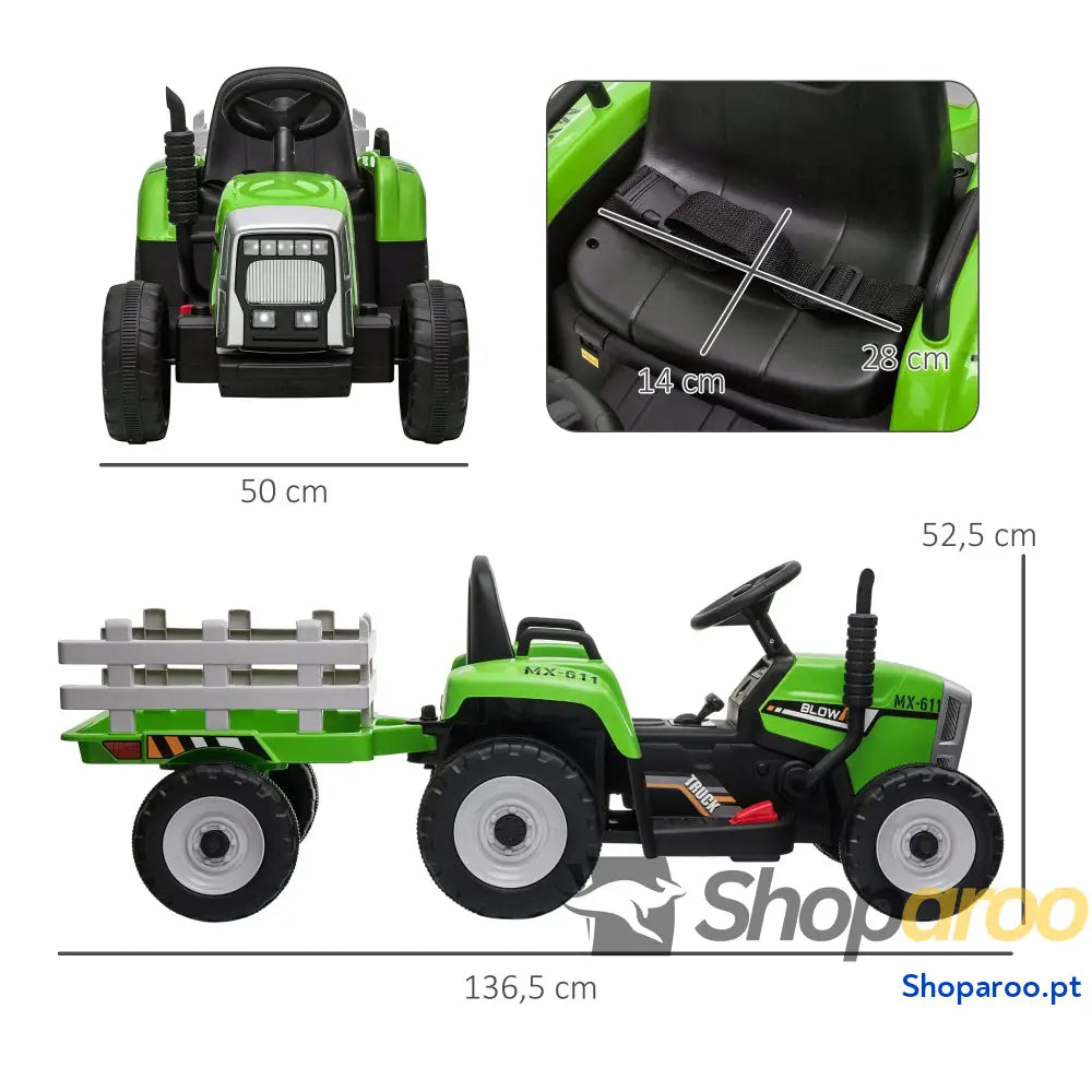 Trator Elétrico com Reboque Amovível Controlo Remoto Música MP3 Luzes e Cinto de Segurança 136,5x50x52,5 cm Verde