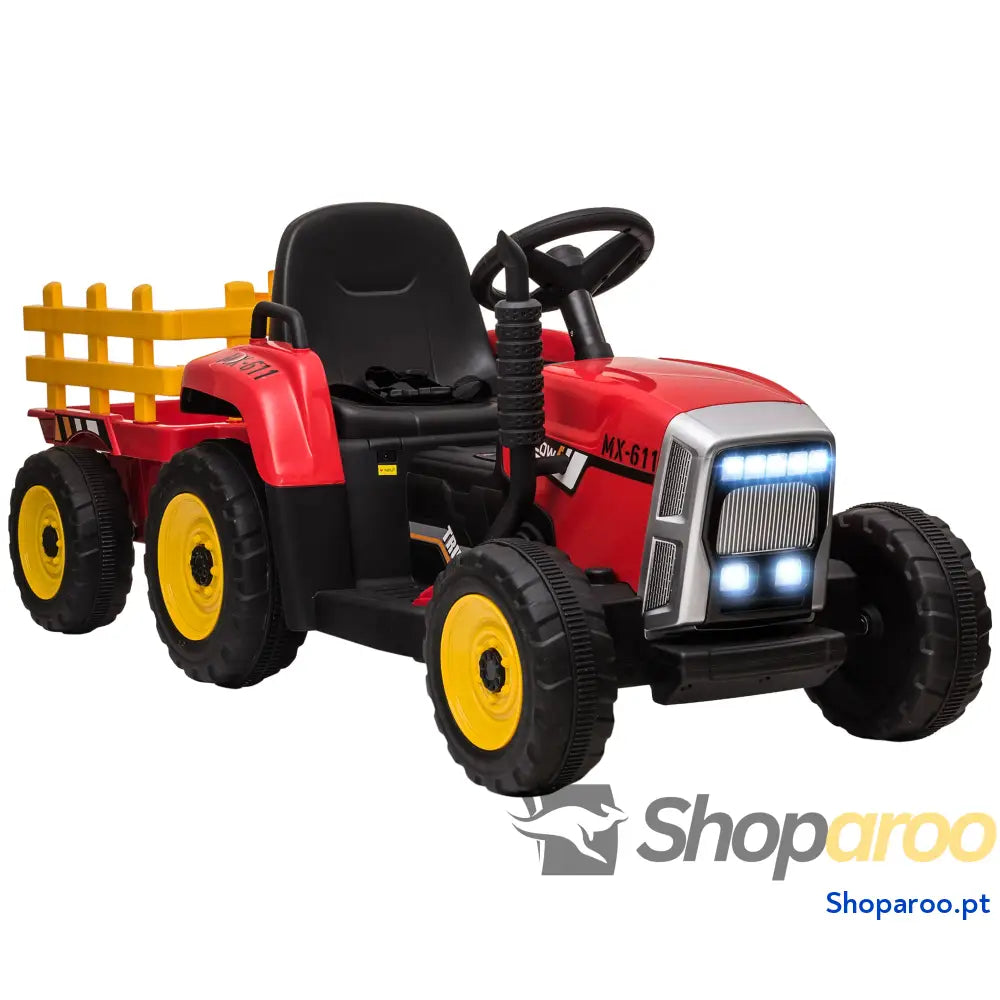 Trator Elétrico com Reboque Amovível Controlo Remoto Música MP3 Luzes e Cinto de Segurança 136,5x50x52,5 cm Vermelho