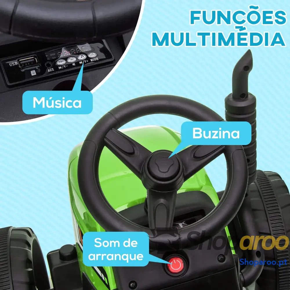 Trator Elétrico com Reboque Amovível Controlo Remoto Música MP3 Luzes e Cinto de Segurança 136,5x50x52,5 cm Verde