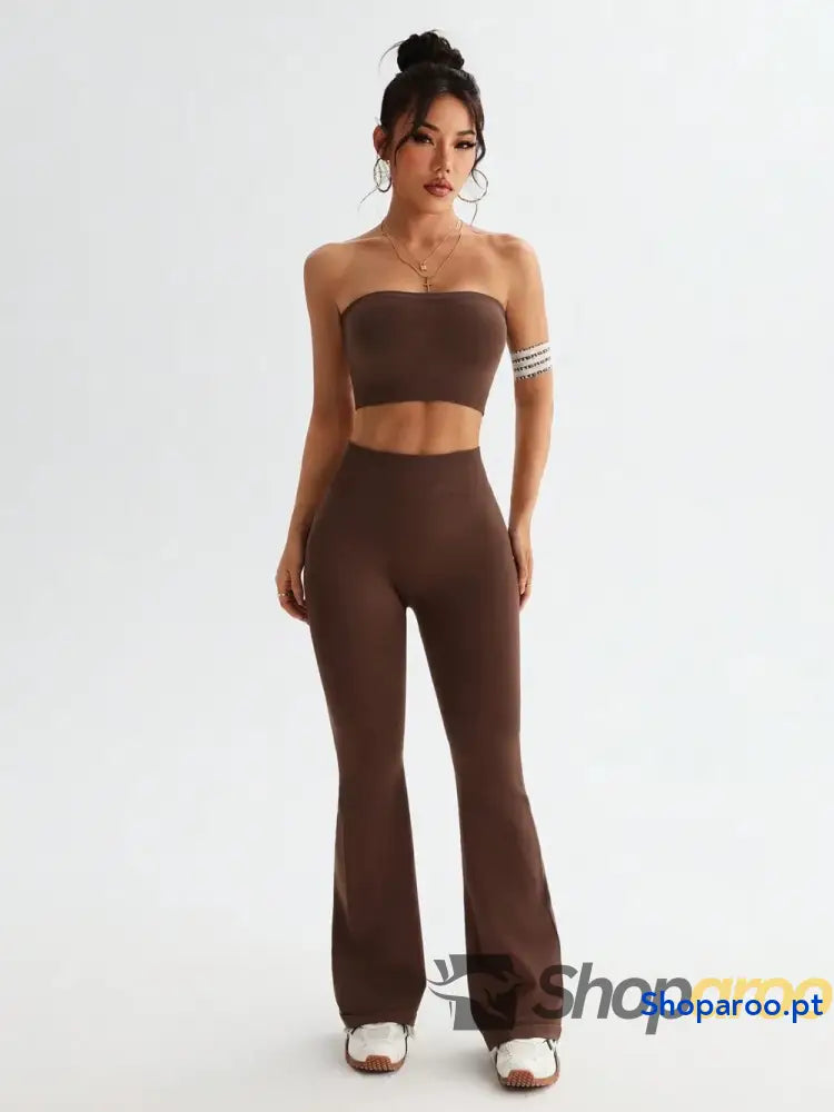 Tube Top and High Waist Flare Pants Active Set