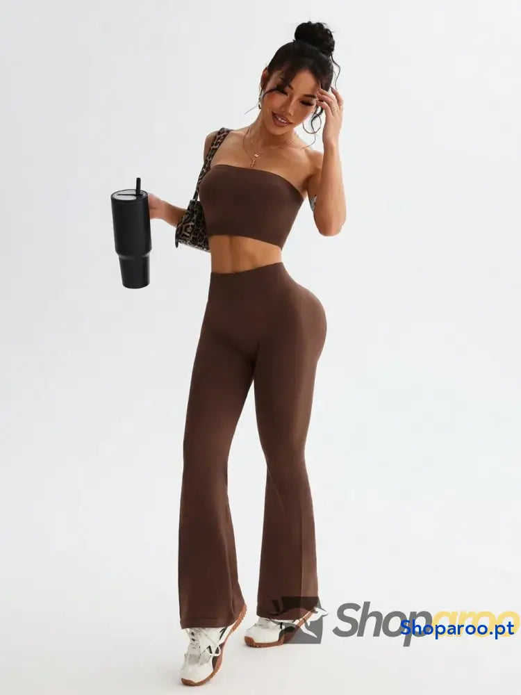 Tube Top and High Waist Flare Pants Active Set