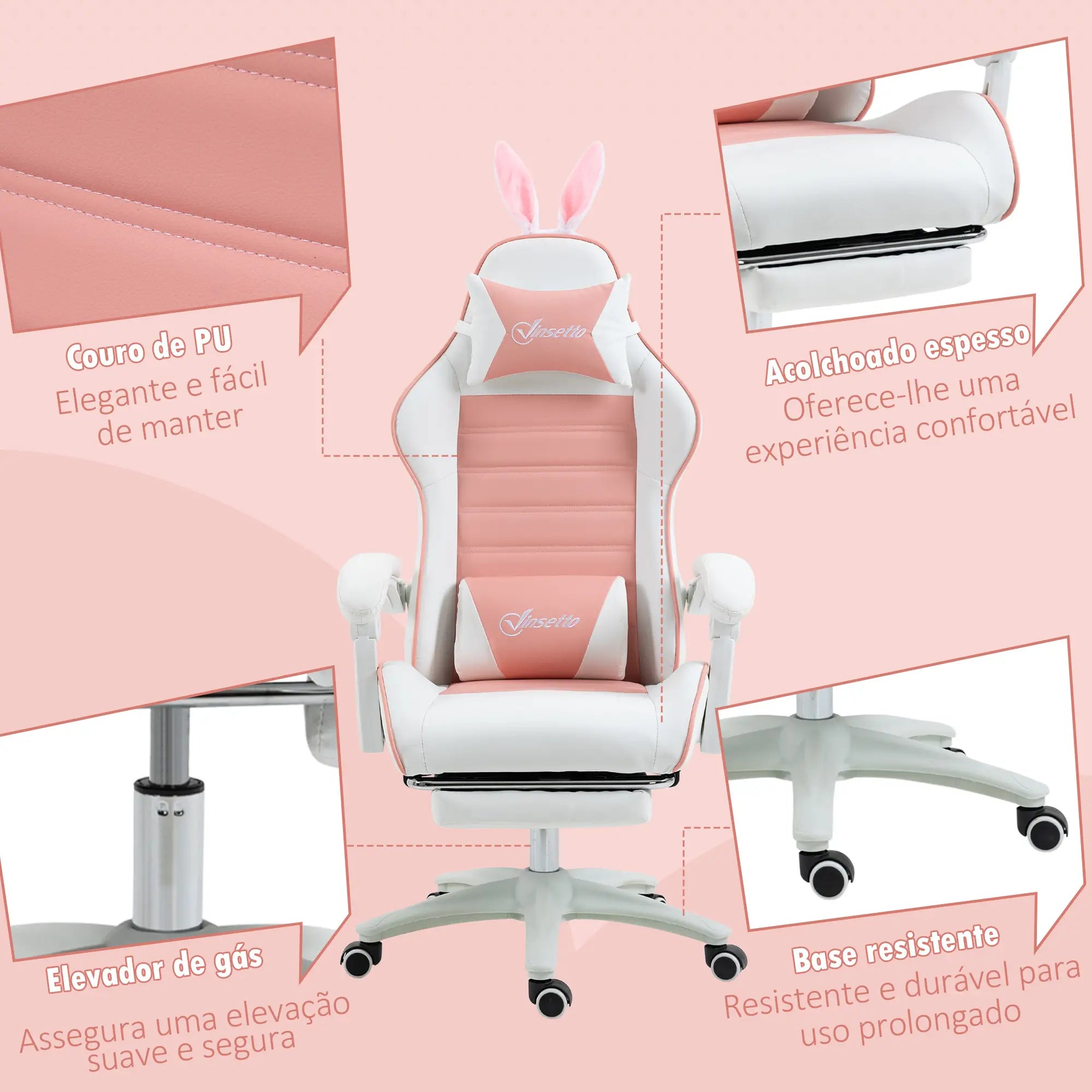 Cadeira Gaming Giratória de Couro PU com Altura Ajustável Inclinável 135° Apoio para a Cabeça 65x63x136-142 cm Rosa e Preto