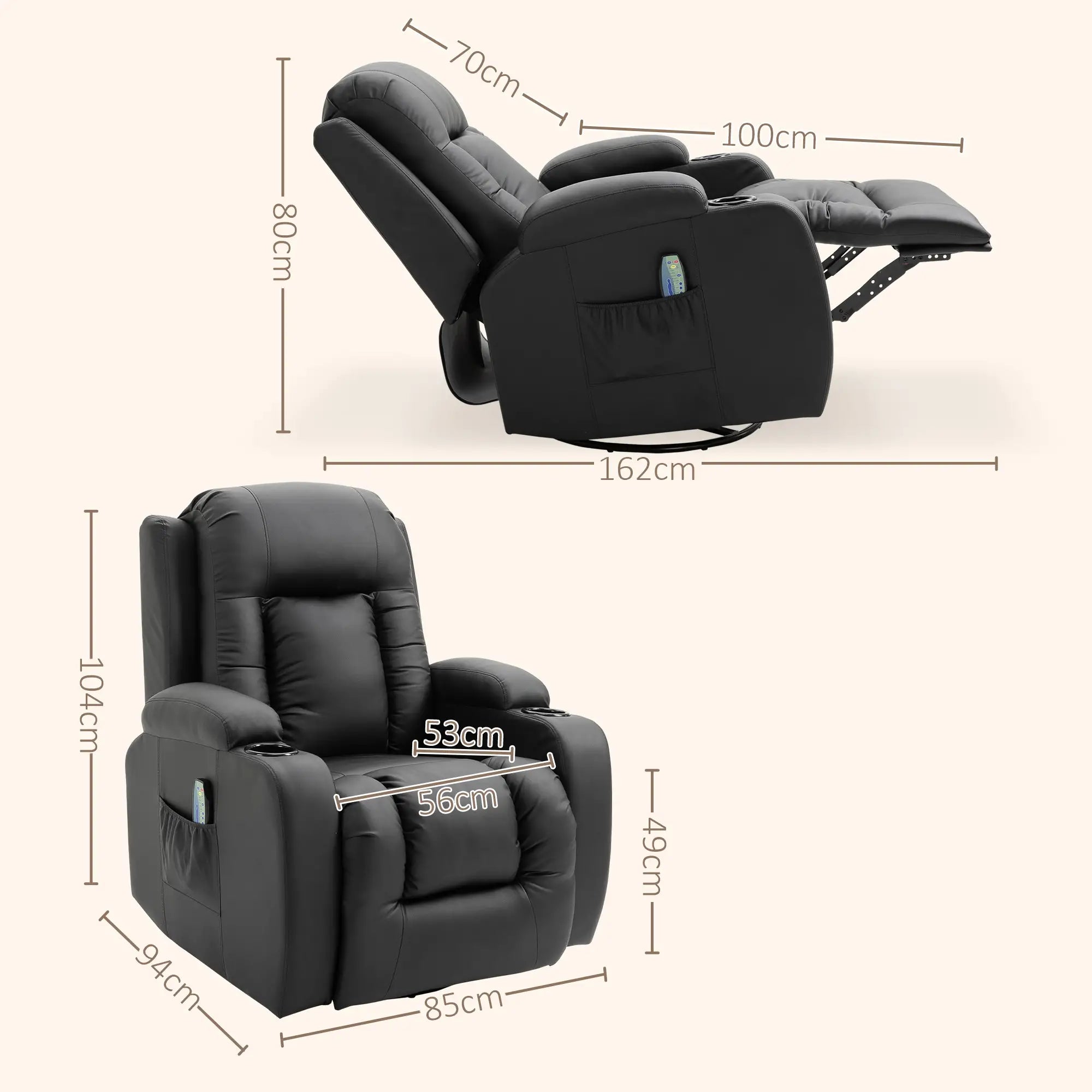 Poltrona de Massagem Reclinável até 150° com 8 Pontos de Massagem por Vibração Função de Aquecimento 85x94x104 cm Preto