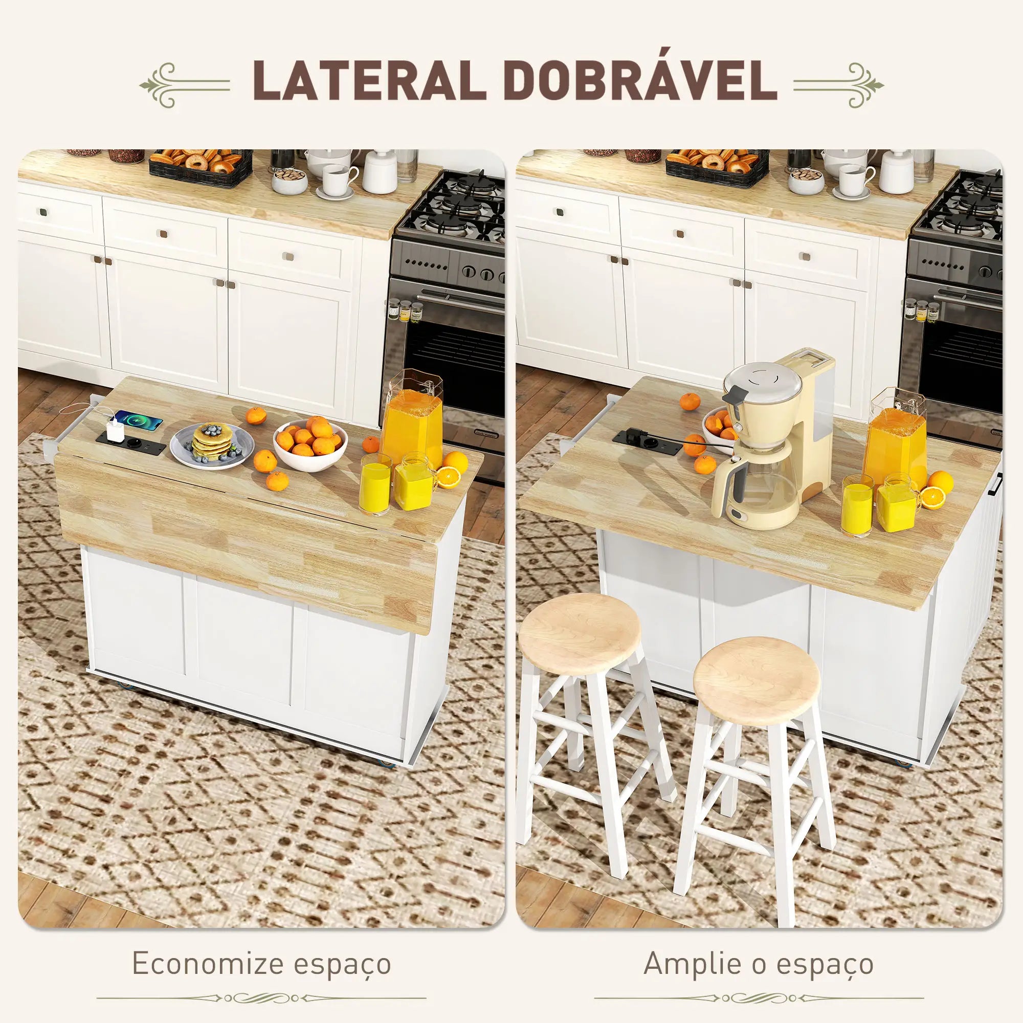 Ilha de Cozinha com Rodas Carrinho de Cozinha com Tomada USB Bancada Rebatível 2 Gavetas 119,5x74x94,5 cm Branco