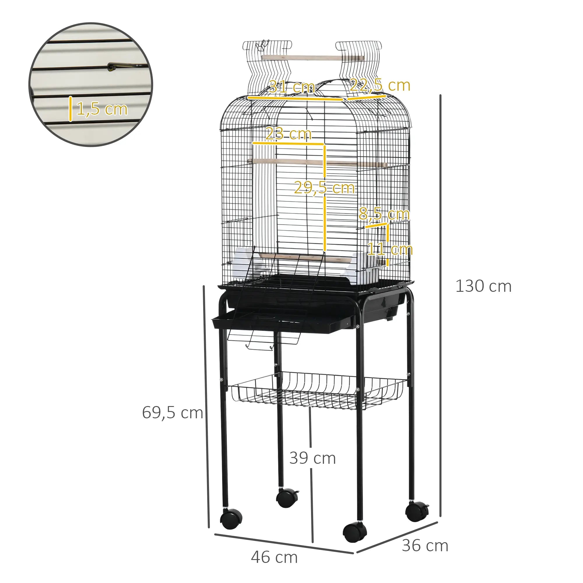 Birdcage with wheels, support, and accessories, black, 130cm