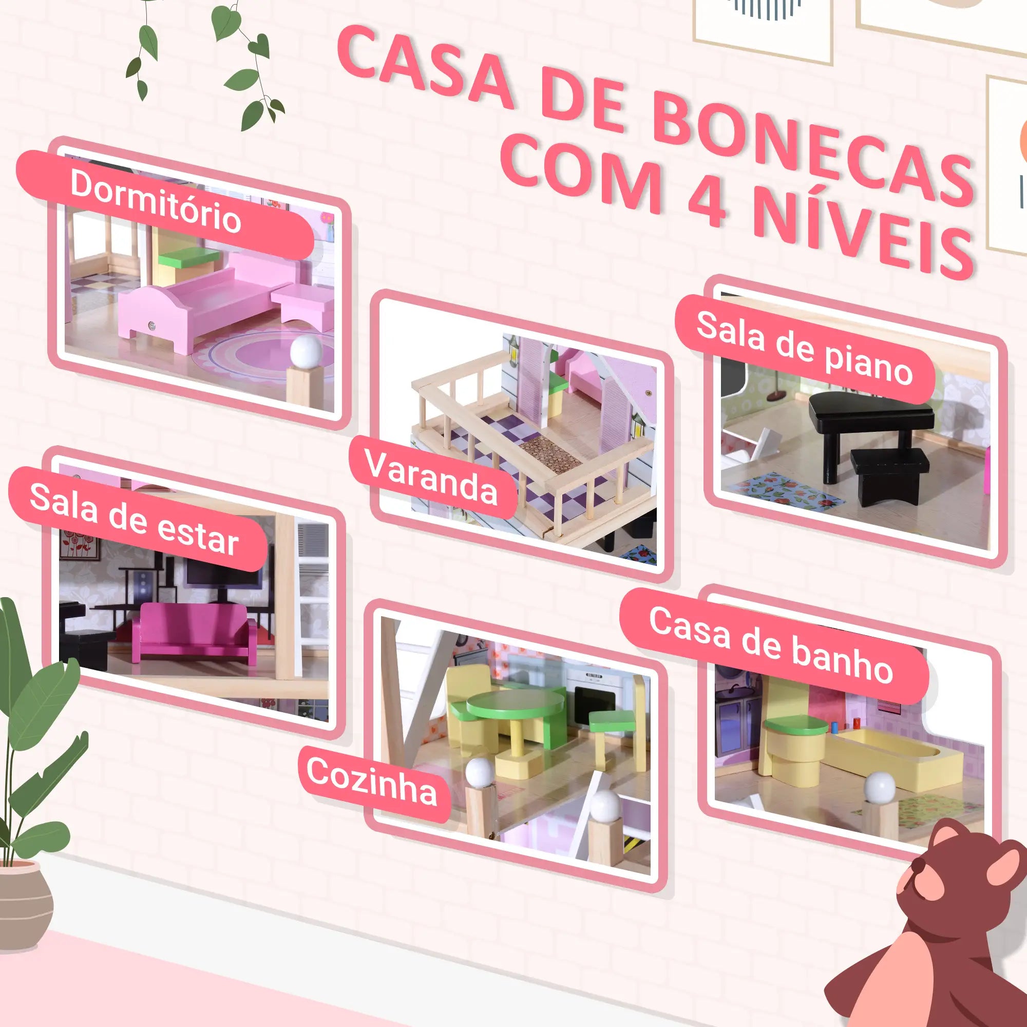 Casa de Bonecas com Móveis 4 Andares e 13 Acessórios Rosa