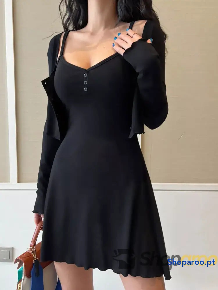V-Neck Cami Dress and Cardigan Set