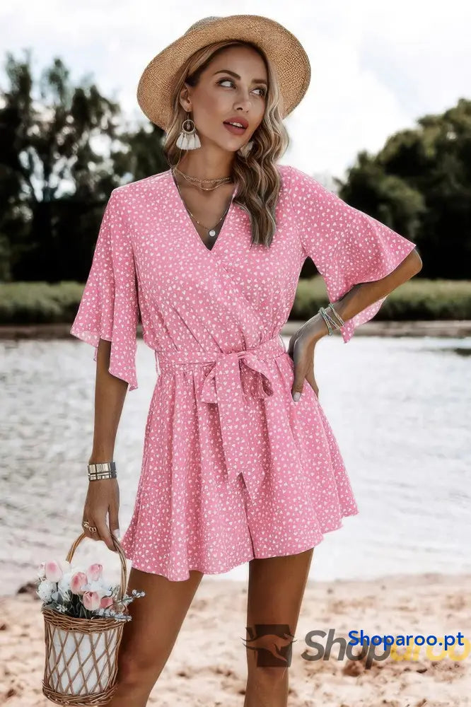 V Neck Ruffled Belted Flared Hemmed Romper