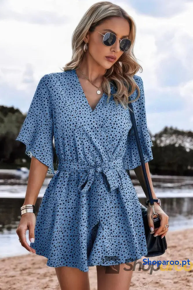 V Neck Ruffled Belted Flared Hemmed Romper