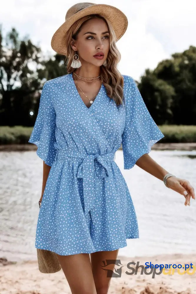 V Neck Ruffled Belted Flared Hemmed Romper