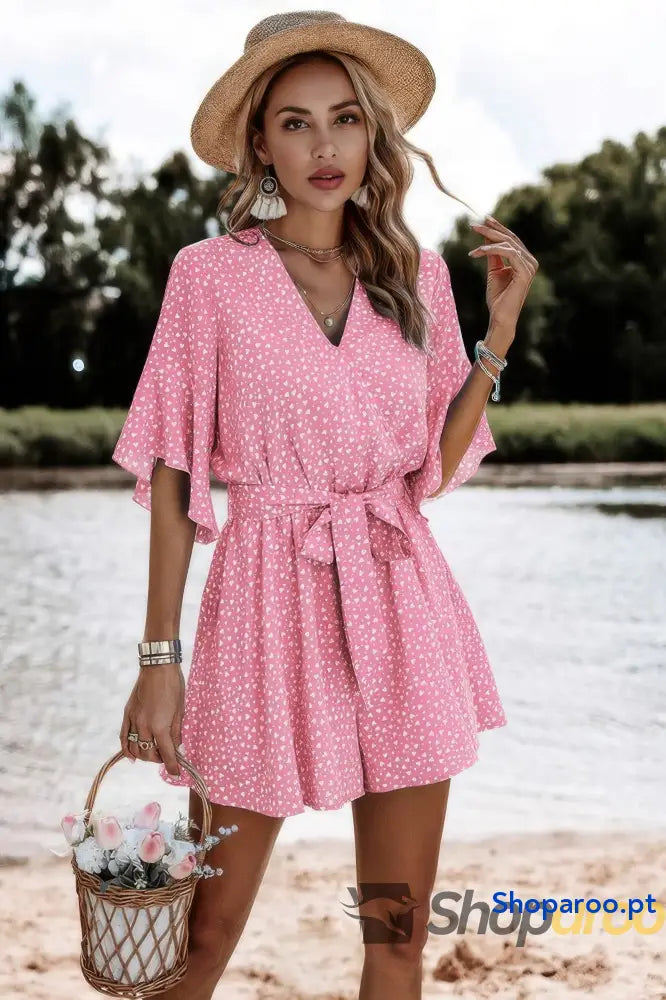 V Neck Ruffled Belted Flared Hemmed Romper