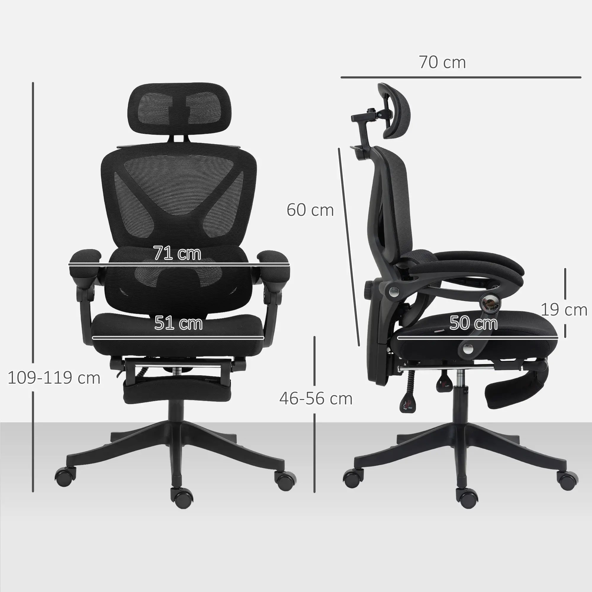 Cadeira de Escritório de Malha com Apoio para a Cabeça Suporte Lombar Apoio para os Pés Função de Inclinação 71x70x109-119 cm Preto