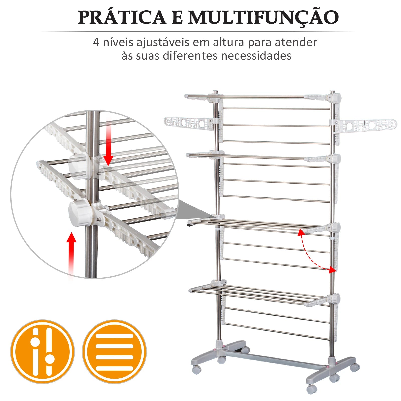 Estendal de Roupa Dobrável com Rodas e Prateleiras Ajustáveis