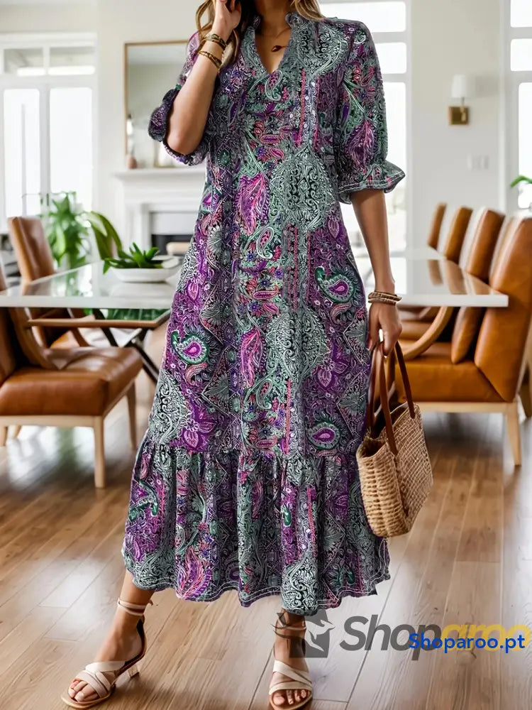 Vestido midi com estampado paisley boémia e folhos tamanho grande plus size