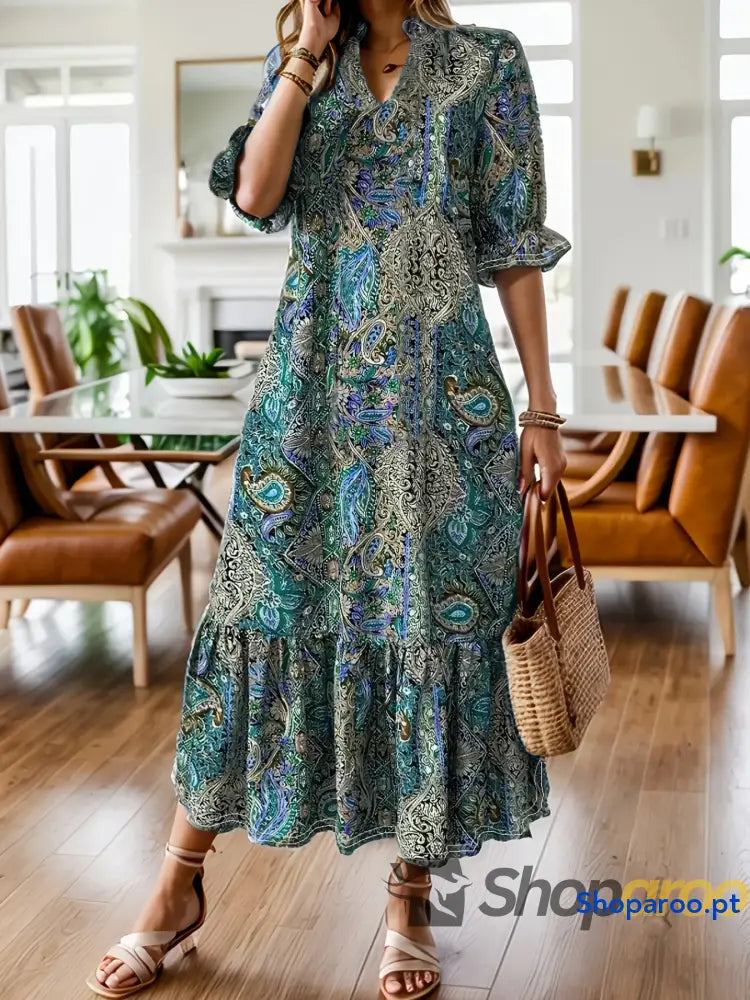 Vestido midi com estampado paisley boémia e folhos tamanho grande plus size