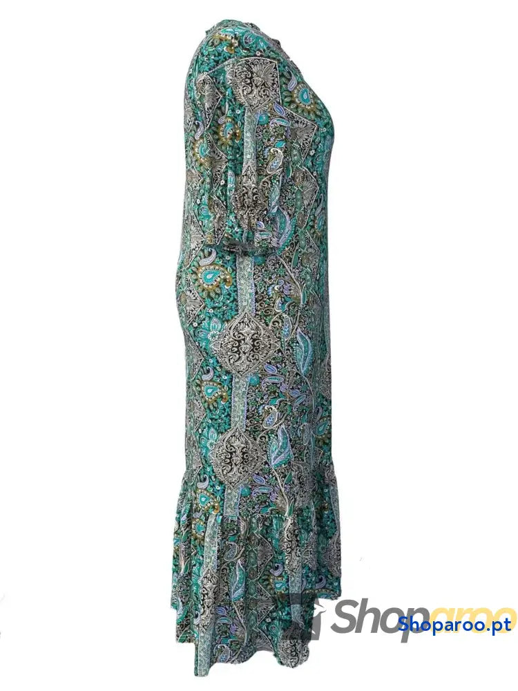 Vestido midi com estampado paisley boémia e folhos tamanho grande plus size