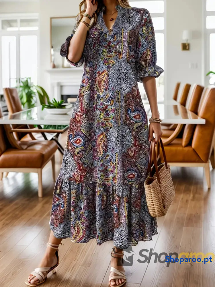 Vestido midi com estampado paisley boémia e folhos tamanho grande plus size