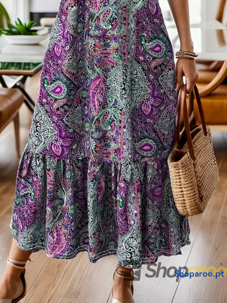 Vestido midi com estampado paisley boémia e folhos tamanho grande plus size