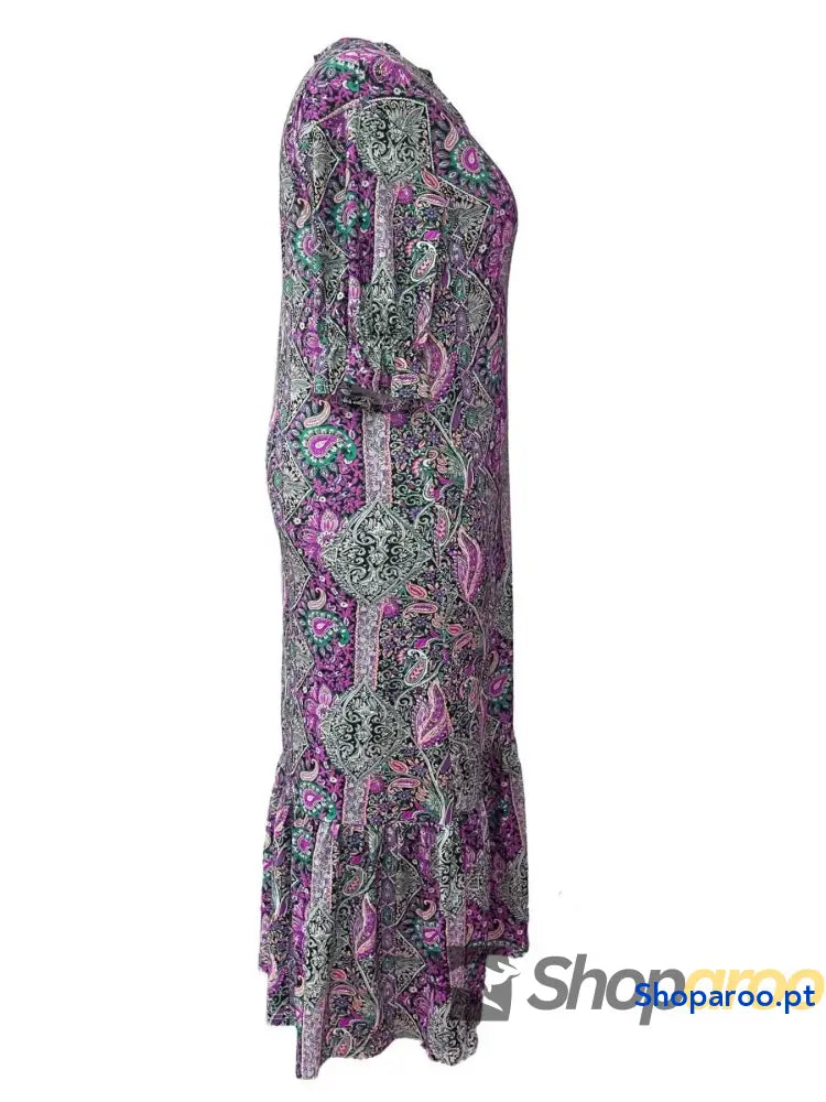 Vestido midi com estampado paisley boémia e folhos tamanho grande plus size
