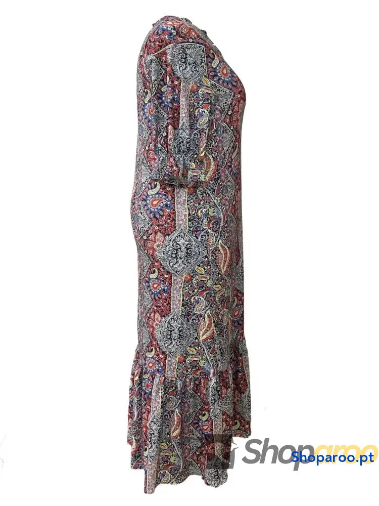 Vestido midi com estampado paisley boémia e folhos tamanho grande plus size