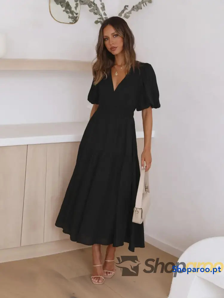 Vestido midi com sobrepeliz em camadas e meia manga