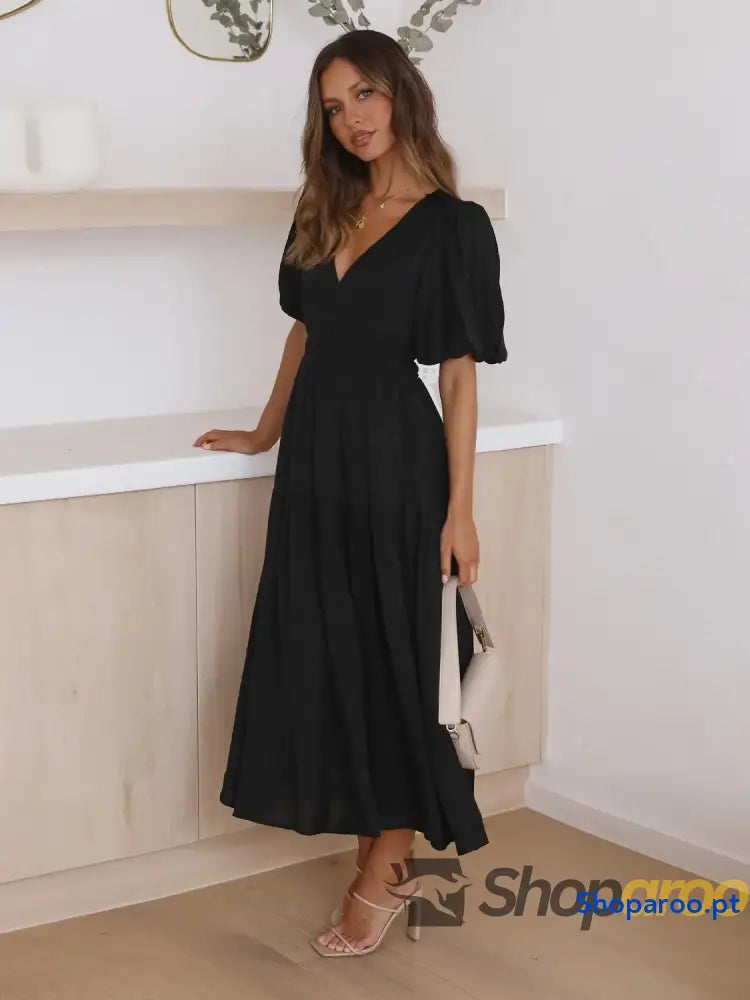 Vestido midi com sobrepeliz em camadas e meia manga