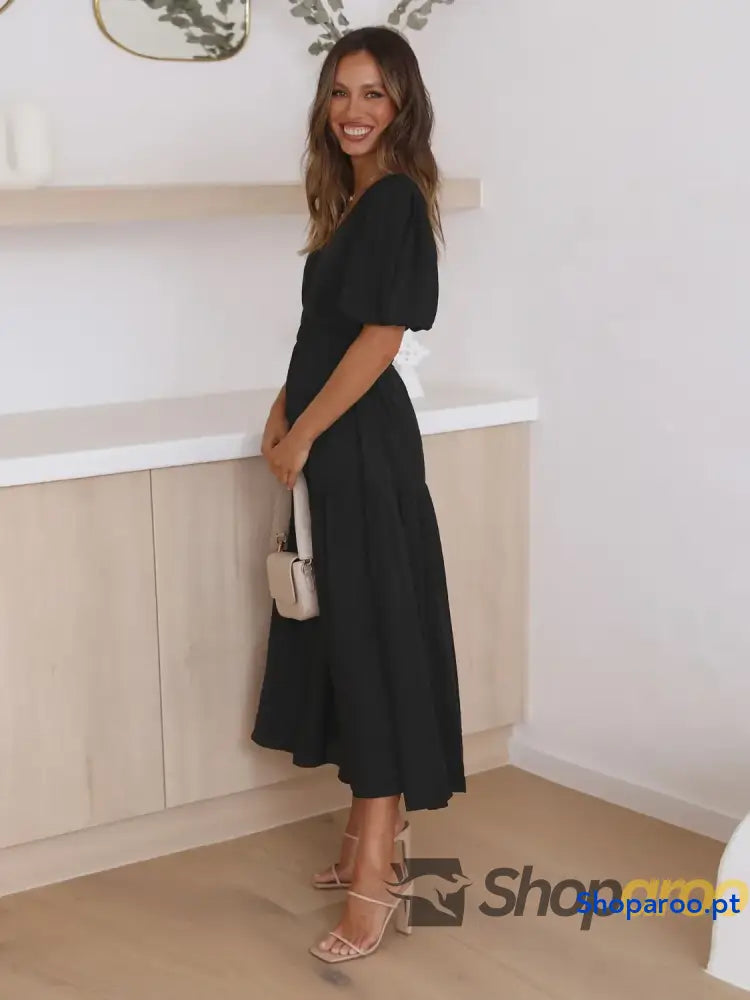Vestido midi com sobrepeliz em camadas e meia manga