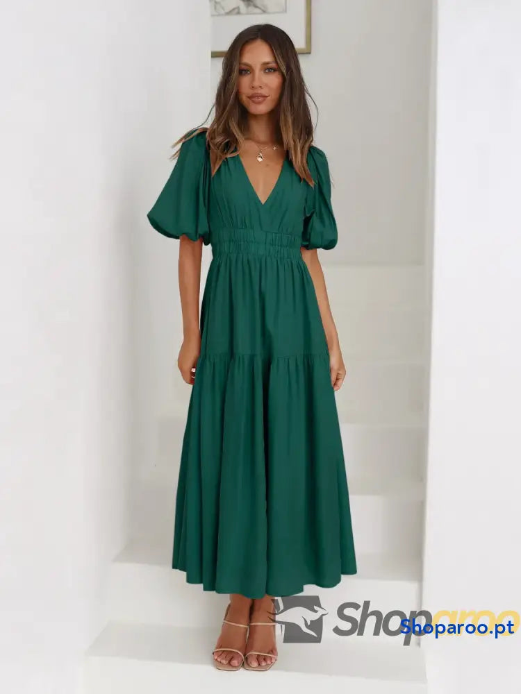 Vestido midi com sobrepeliz em camadas e meia manga