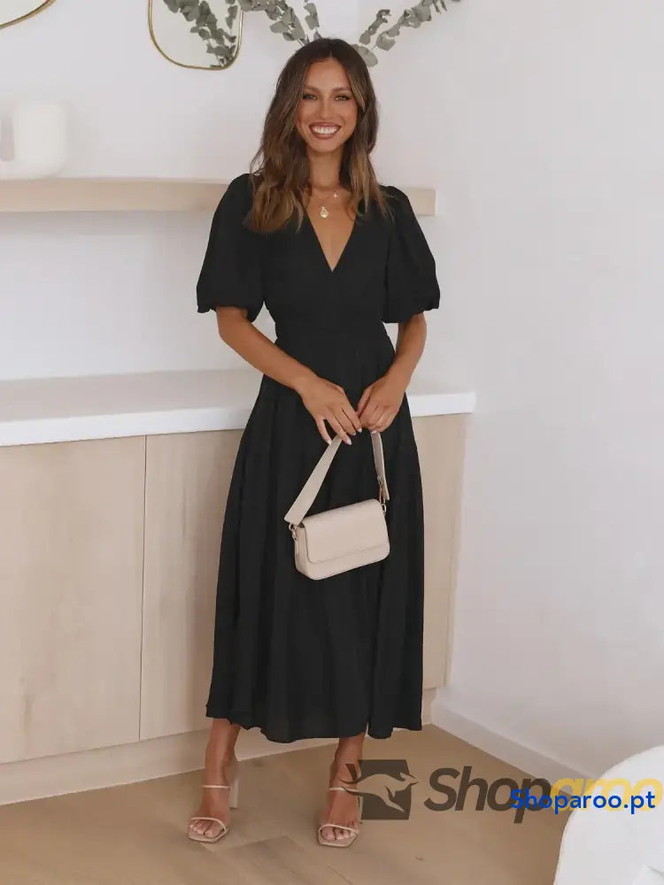 Vestido midi com sobrepeliz em camadas e meia manga