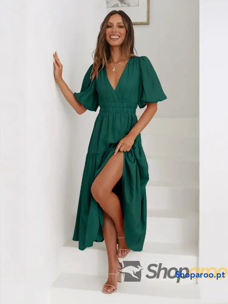 Vestido midi com sobrepeliz em camadas e meia manga