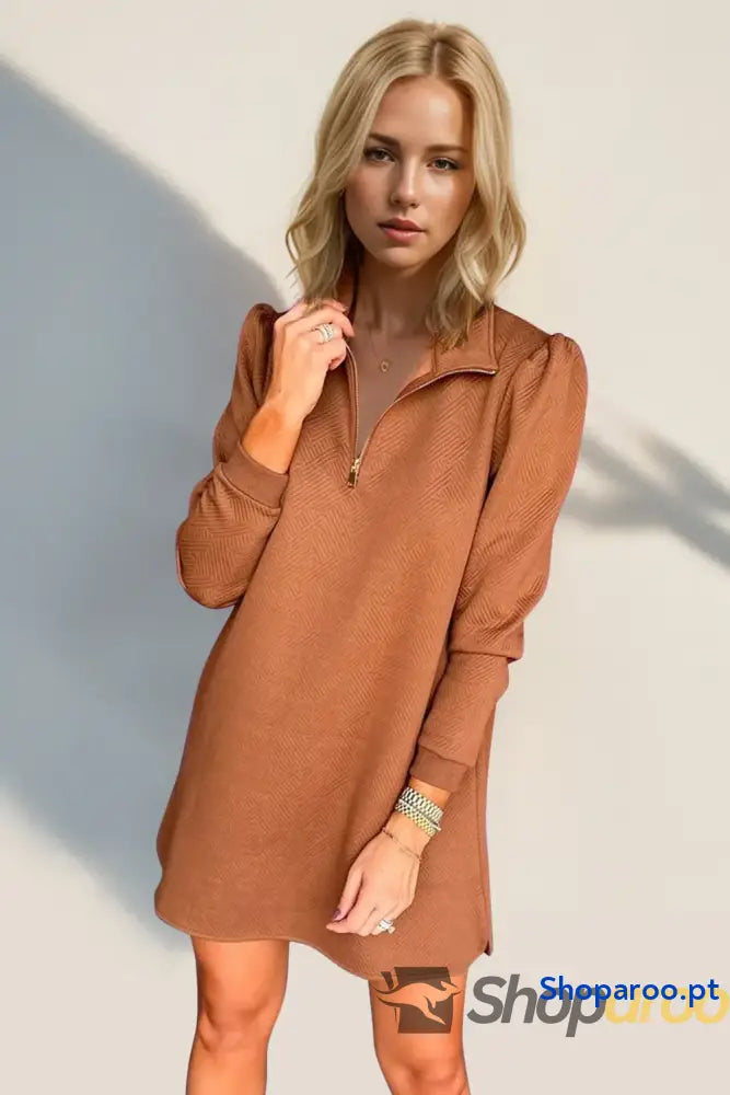 Vestido texturizado de manga comprida com fecho um quarto da Double Take