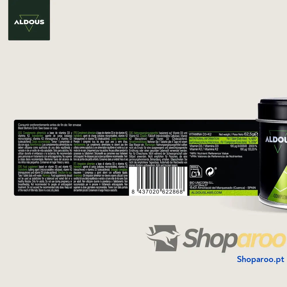Vitamina D3 e K2 EJOOY 4000 UI 250 Comprimidos Veganos
