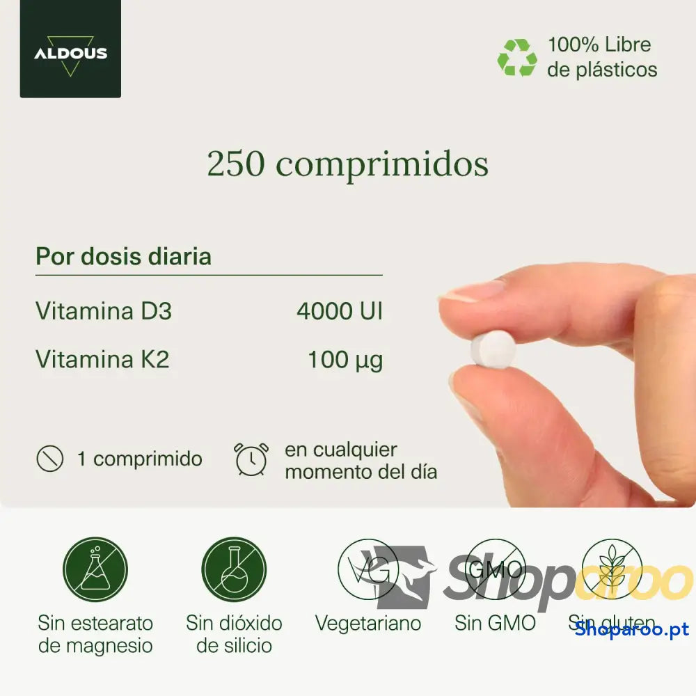Vitamina D3 e K2 EJOOY 4000 UI 250 Comprimidos Veganos