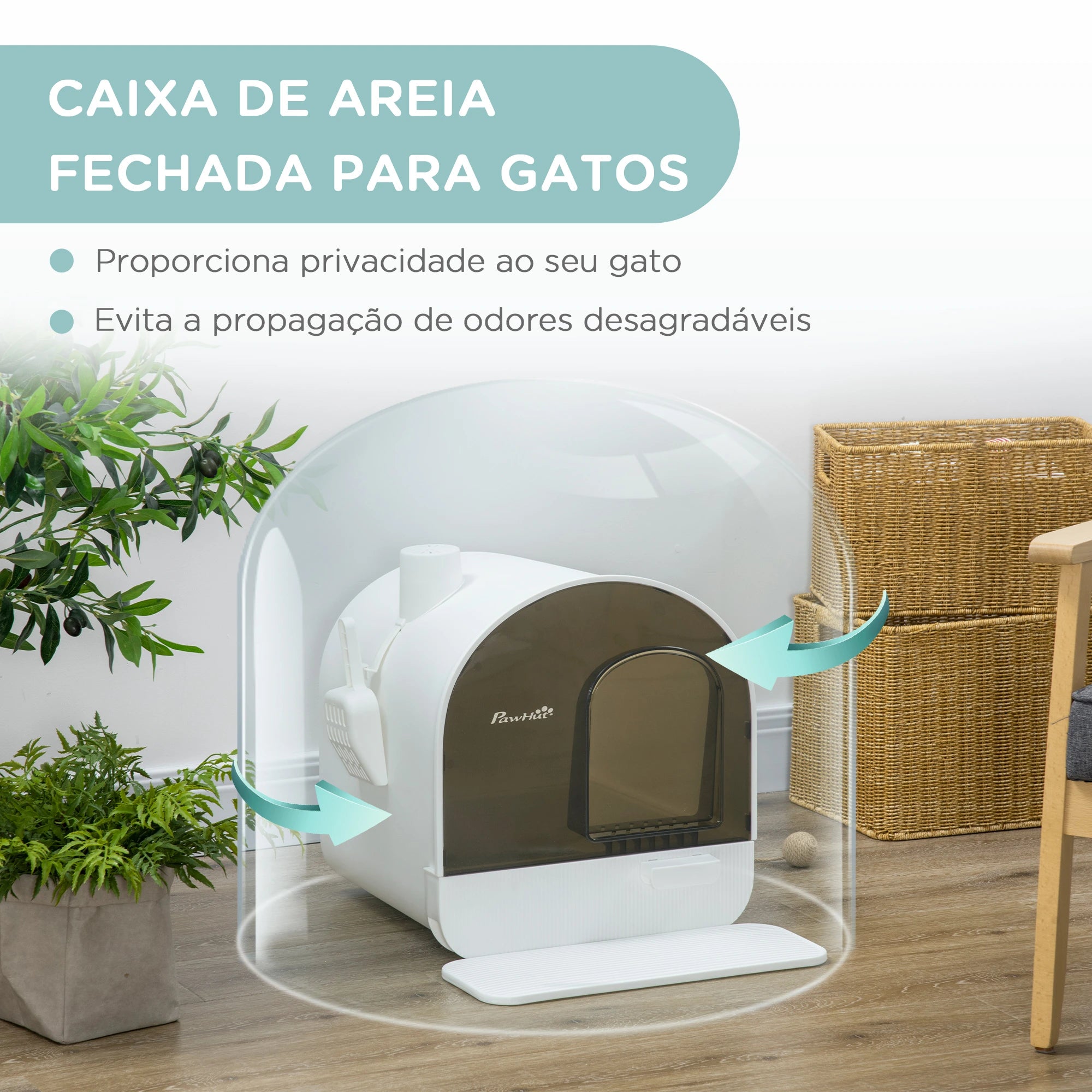 Caixa de Areia para Gatos com Porta Dianteira Bandeja Removível Pá Tapete e Filtro 43x44x47cm Branco
