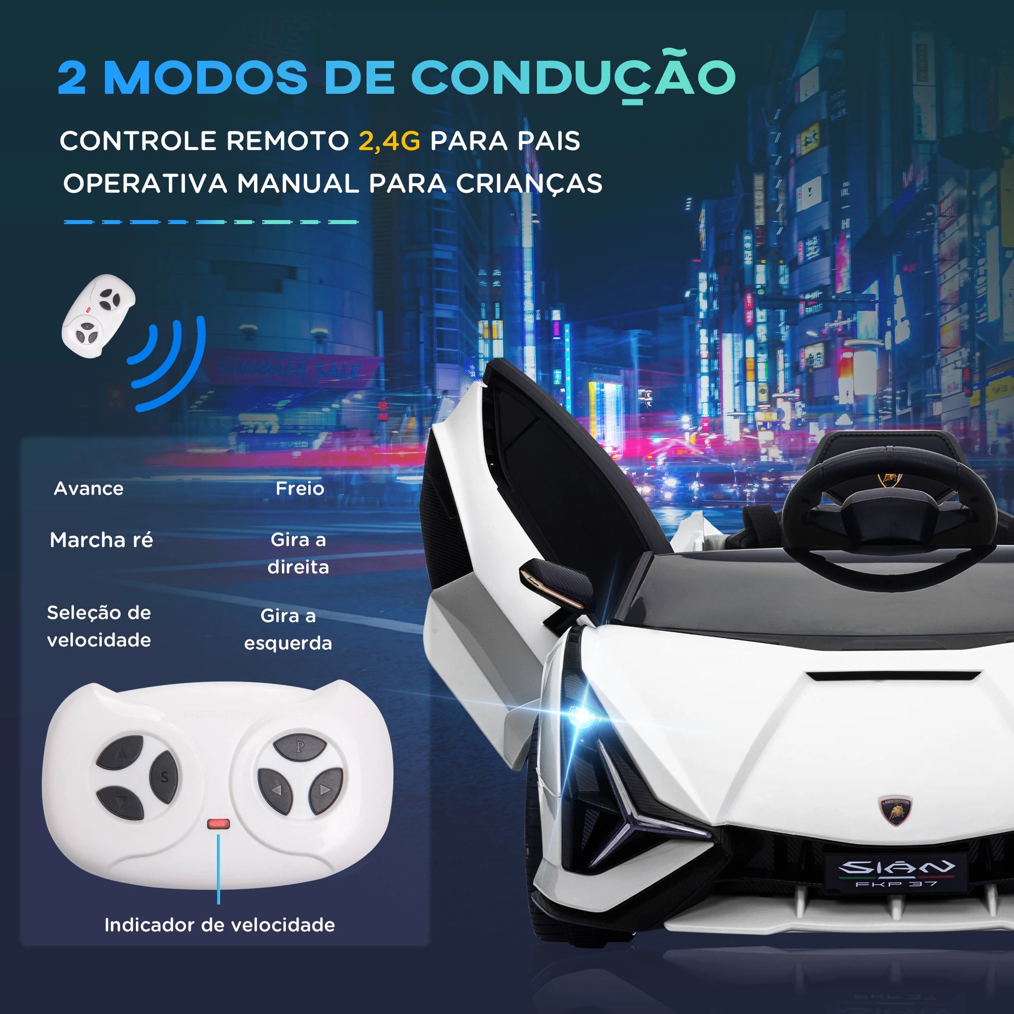 Carro Elétrico Lamborghini SIAN 12V com Controle Remoto Abertura da Porta Música MP3 USB e Faróis 108x62x40 cm Branco