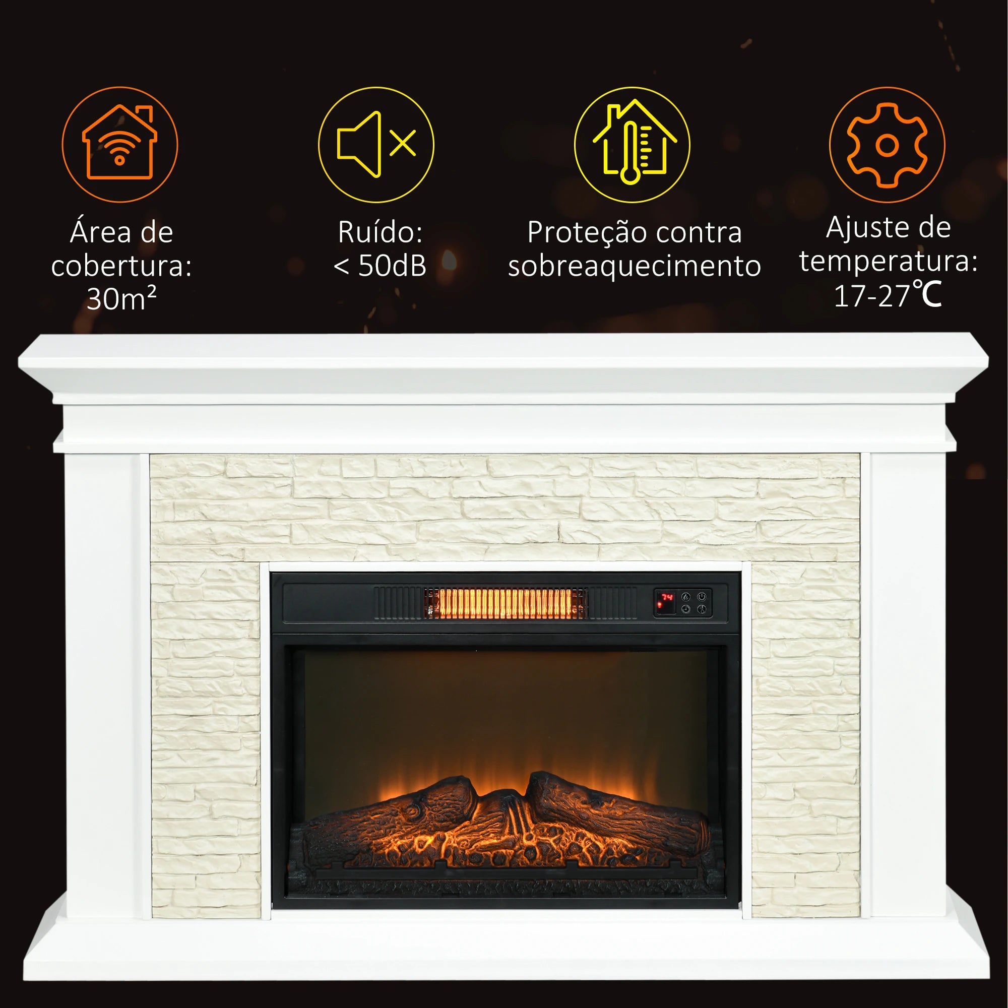 Lareira Elétrica 1800W com Efeito de Chama Temporizador Semanal e Proteção Contra Superaquecimento 120x24x80 cm Branco
