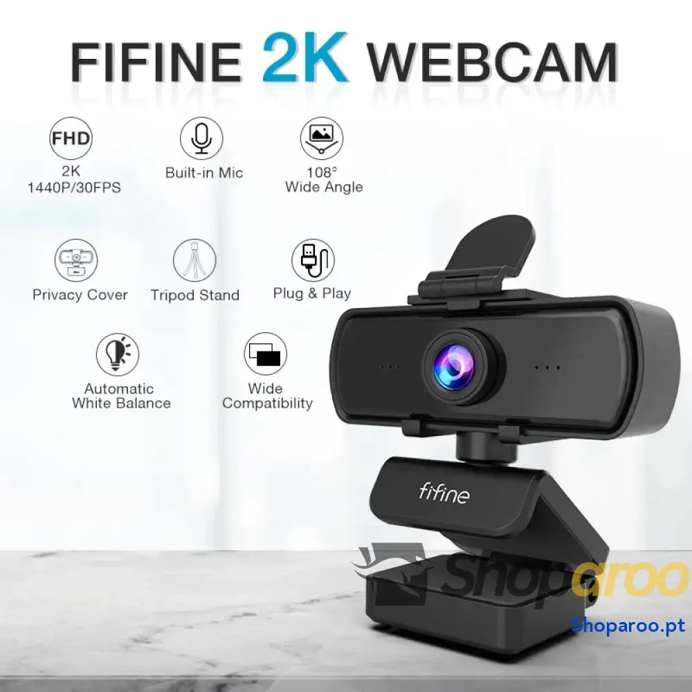 Webcam FIFINE 1440p Full HD com Microfone e Tripé para PC