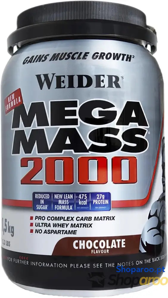 Weider Mega Mass 2000 sabor chocolate (1500 g) 67% de hidratos e 16% proteínas. Enriquecido com vitaminas minerais.