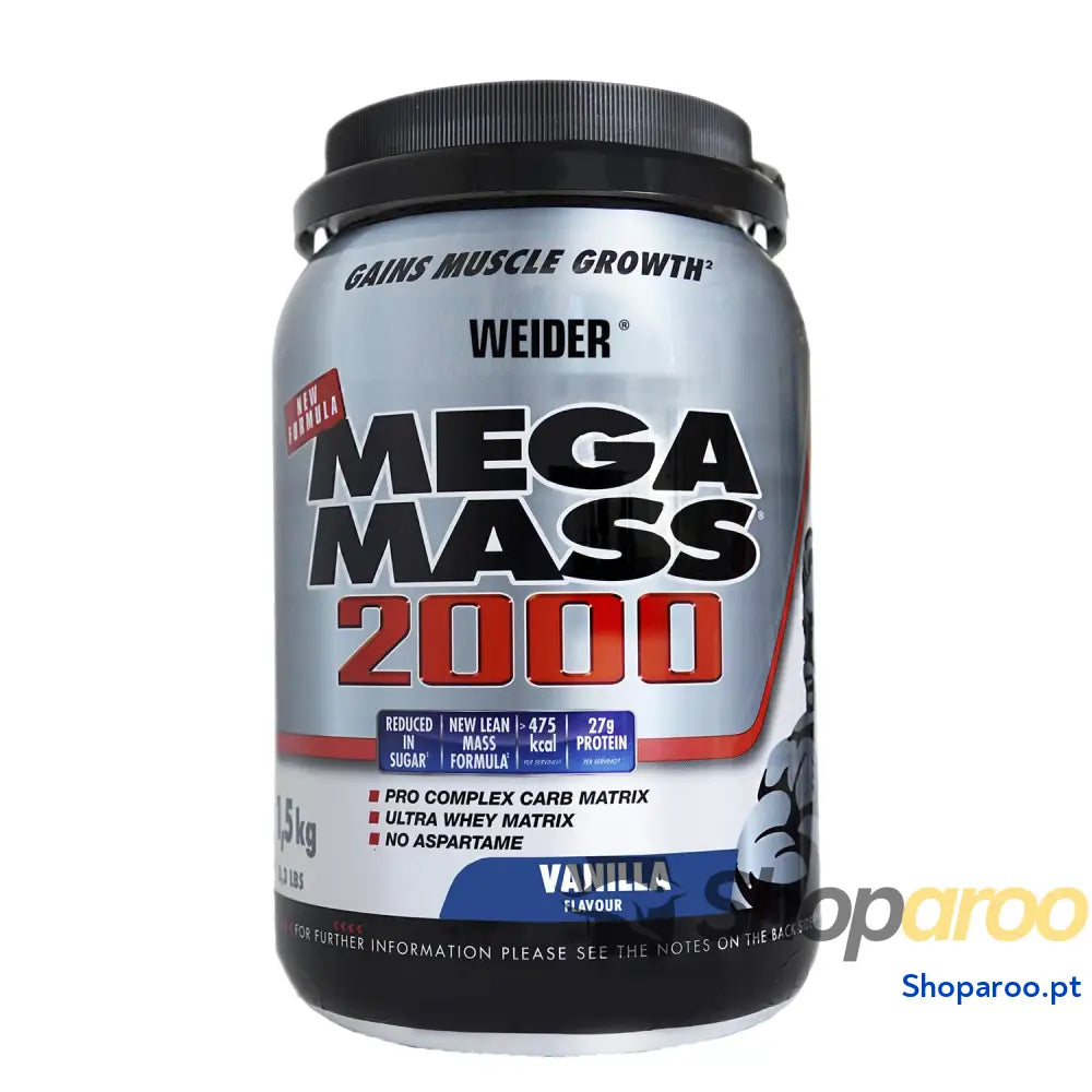 Weider Mega Mass 2000 sabor chocolate (1500 g) 67% de hidratos e 16% proteínas. Enriquecido com vitaminas minerais.
