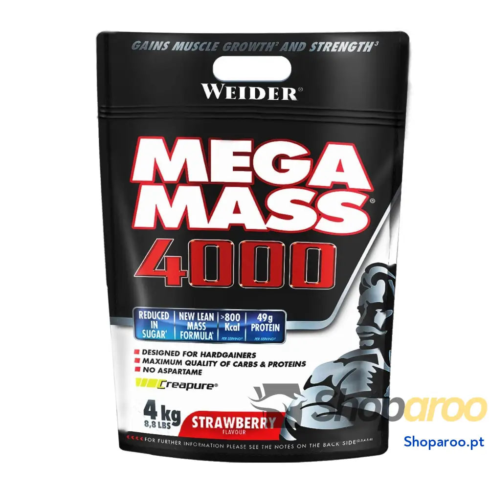 Weider Mega Mass 2000 sabor chocolate (1500 g) 67% de hidratos e 16% proteínas. Enriquecido com vitaminas minerais.