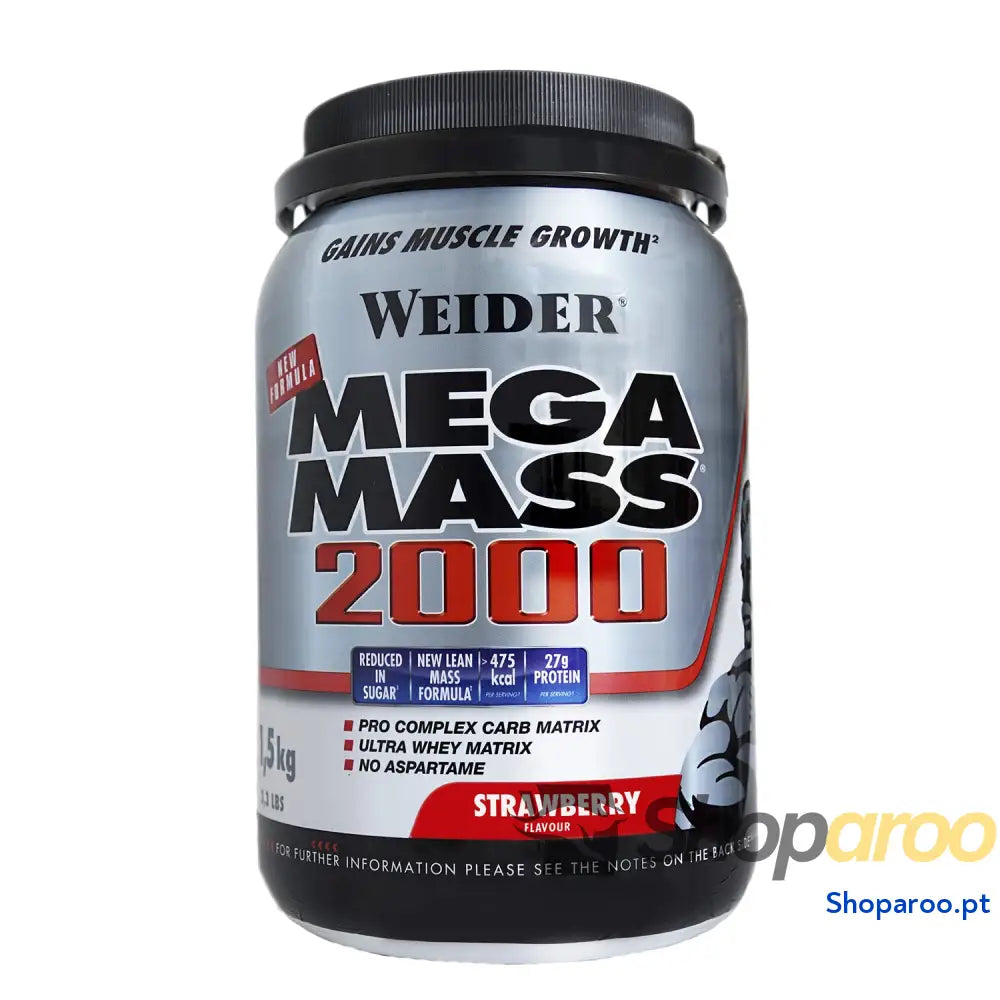 Weider Mega Mass 2000 sabor chocolate (1500 g) 67% de hidratos e 16% proteínas. Enriquecido com vitaminas minerais.