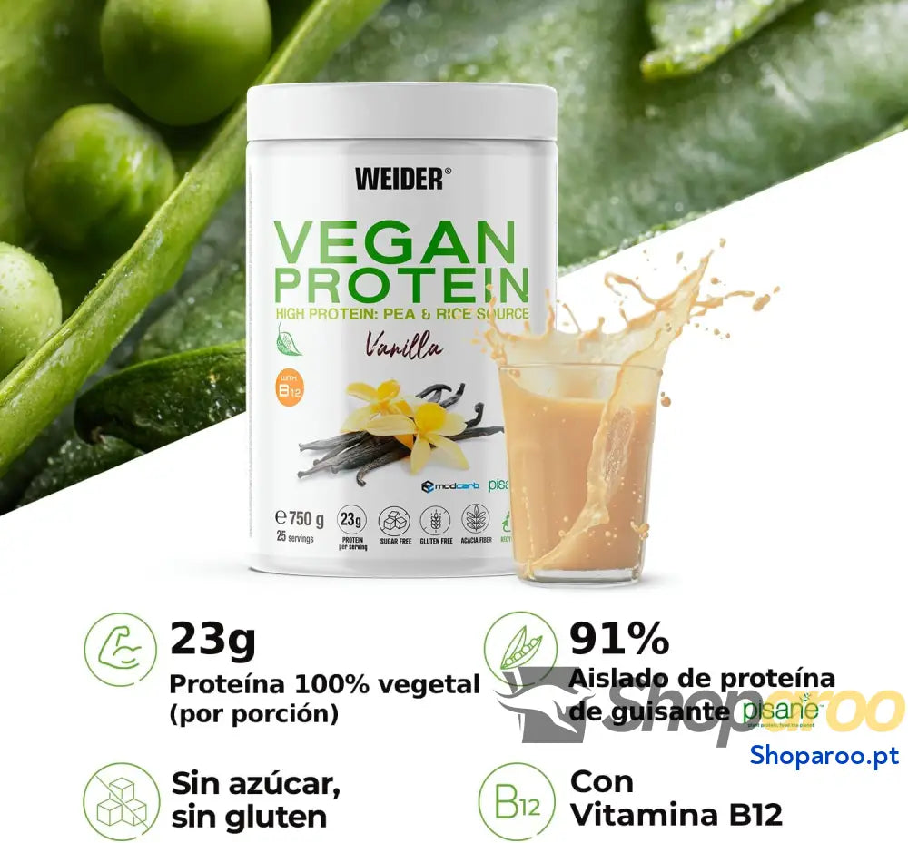 Weider Vegan Protein (750 g) Sabor Baunilha. Proteína Vegana 23 g/dose Isolada de Ervilha (Pisane) e Arroz.