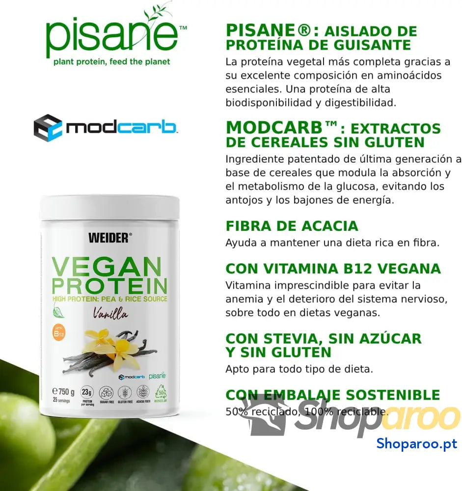Weider Vegan Protein (750 g) Sabor Baunilha. Proteína Vegana 23 g/dose Isolada de Ervilha (Pisane) e Arroz.