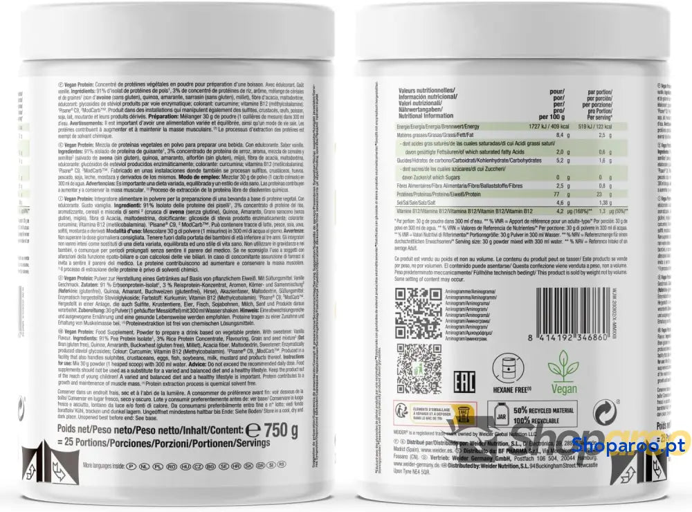 Weider Vegan Protein (750 g) Sabor Baunilha. Proteína Vegana 23 g/dose Isolada de Ervilha (Pisane) e Arroz.