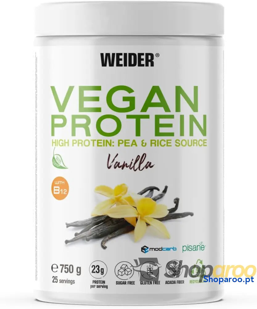 Weider Vegan Protein (750 g) Sabor Baunilha. Proteína Vegana 23 g/dose Isolada de Ervilha (Pisane) e Arroz.